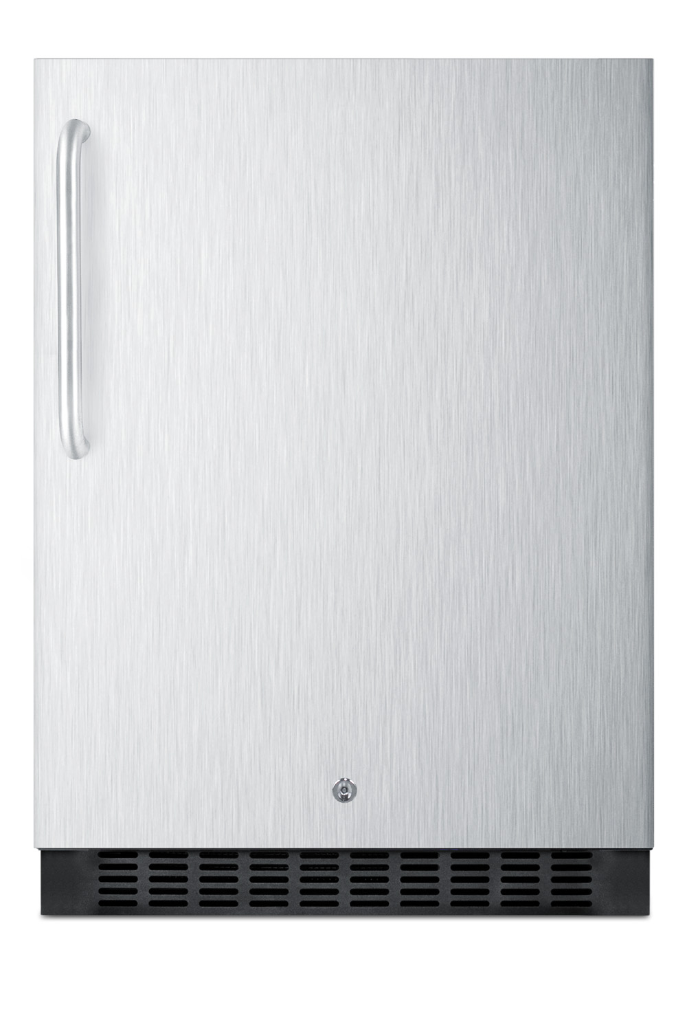 Outdoor all-refrigerator for built-in use, with lock, digital thermostat, stainless steel wrapped door, and towel bar handle